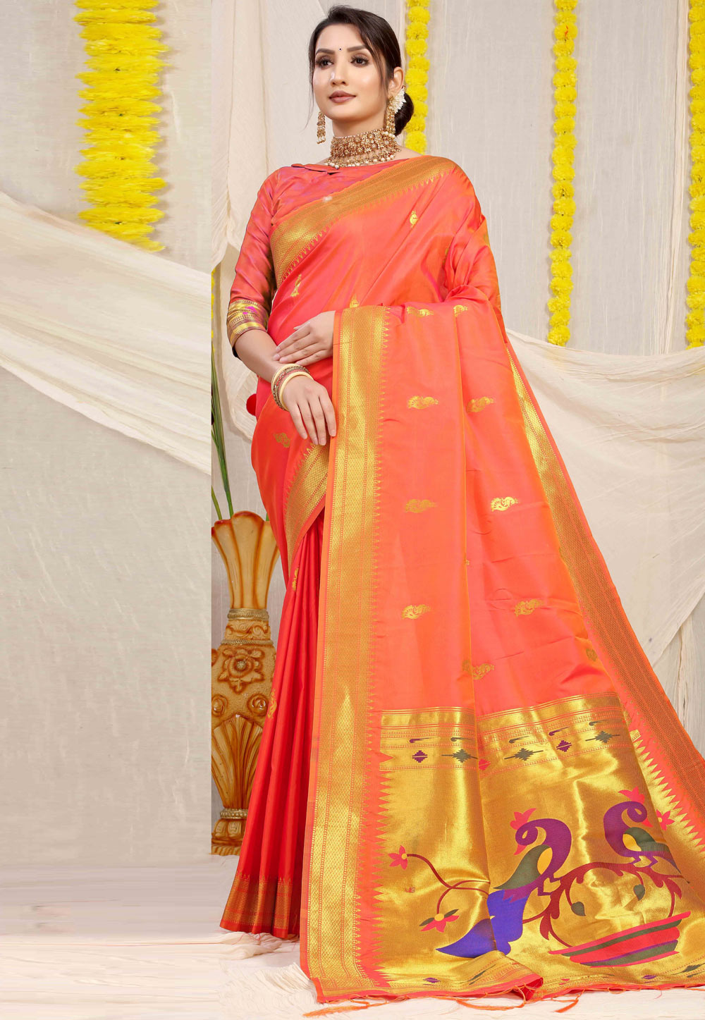 Peach Banarasi Silk Paithani Saree 268656