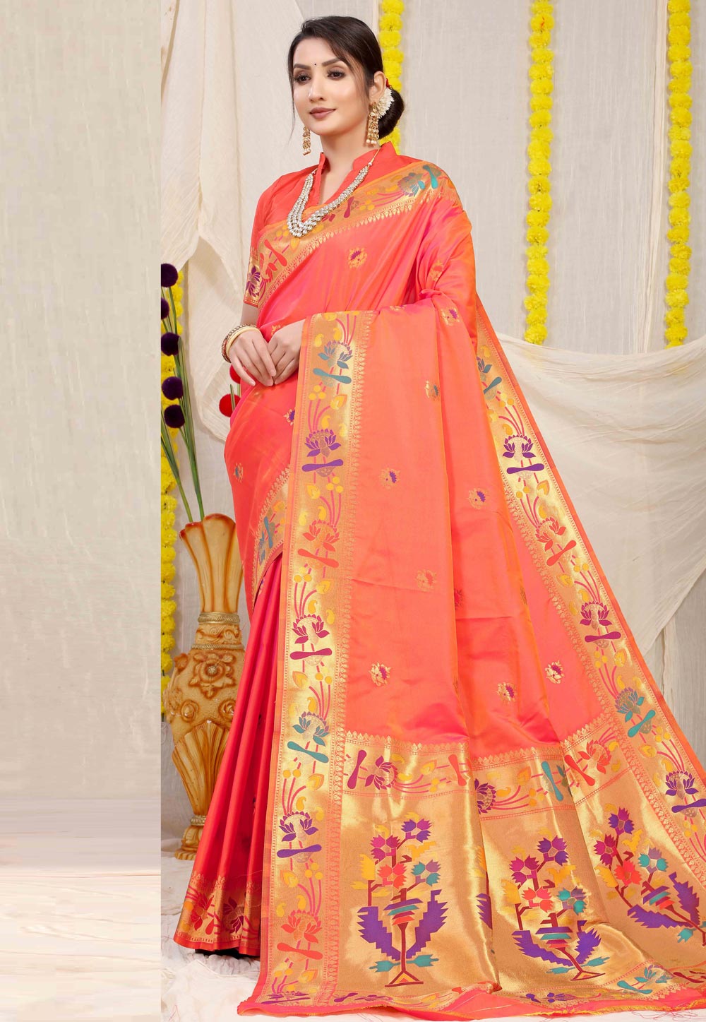 Peach Banarasi Silk Saree With Blouse 268666