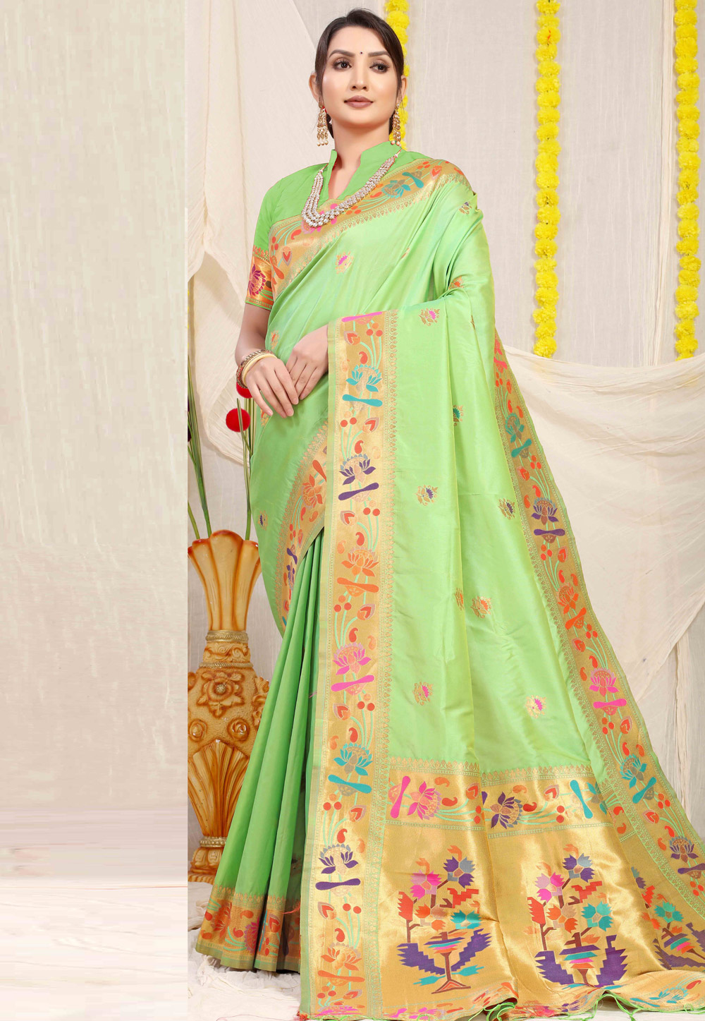 Pista Green Banarasi Silk Paithani Saree 268667