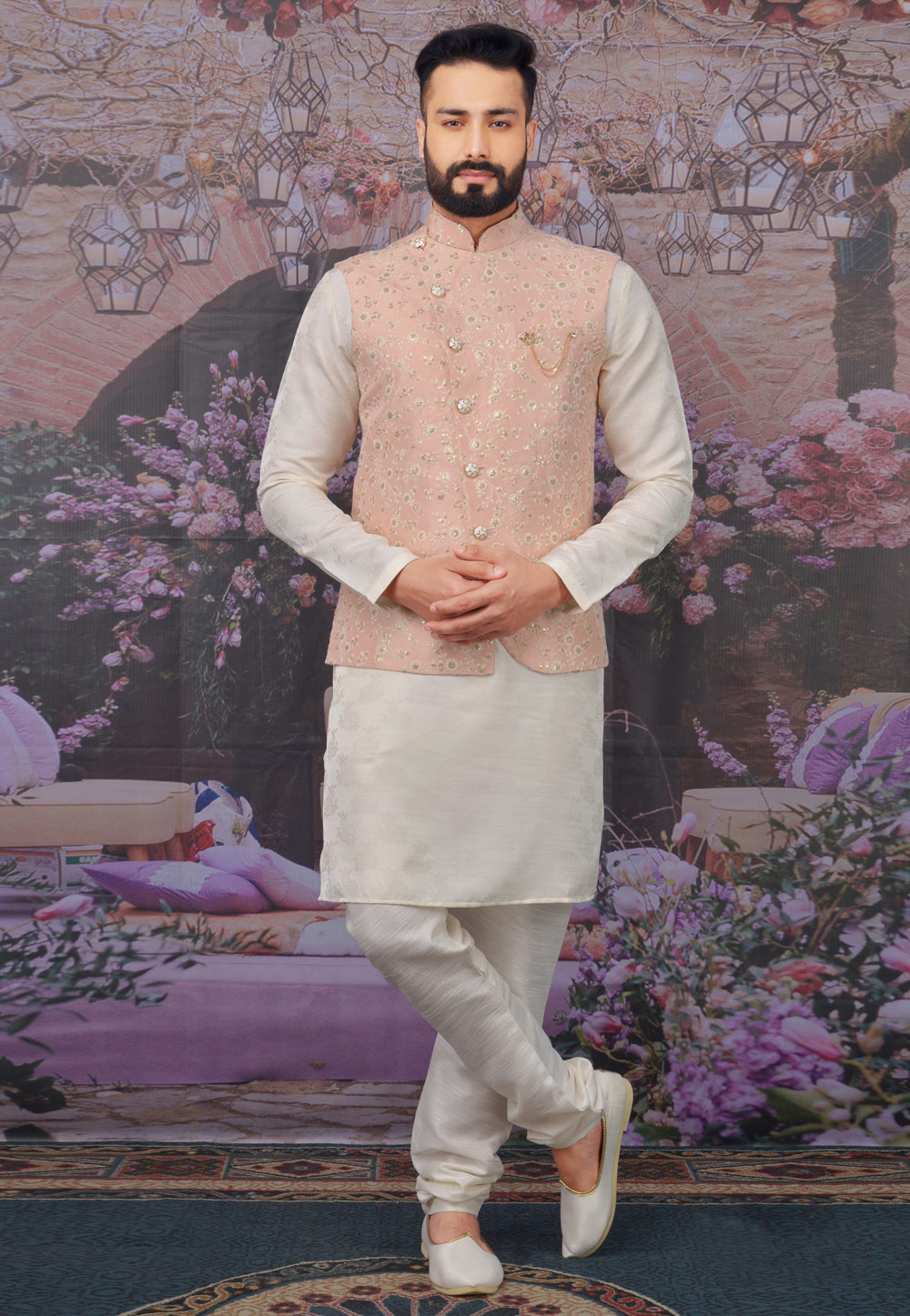 Off White Banarasi Silk Readymade Kurta Pajama With Jacket 212613