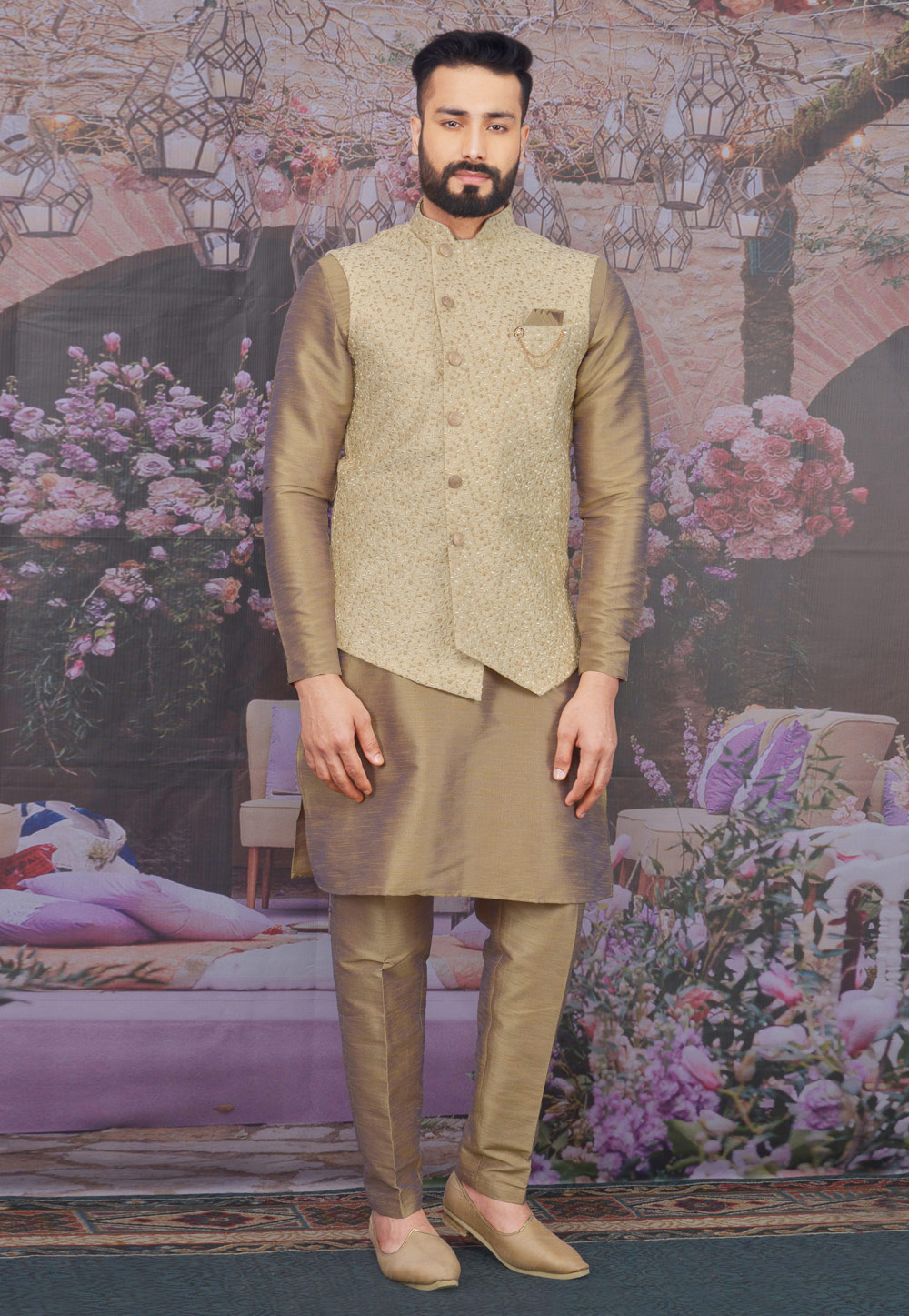 Golden Banarasi Silk Readymade Kurta Pajama With Jacket 212621