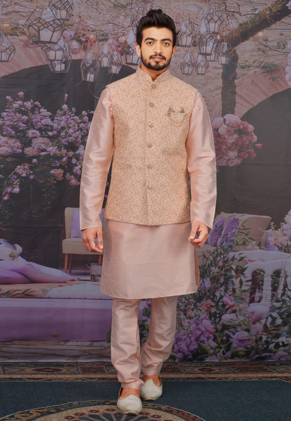 Pink Banarasi Silk Readymade Kurta Pajama With Jacket 212623