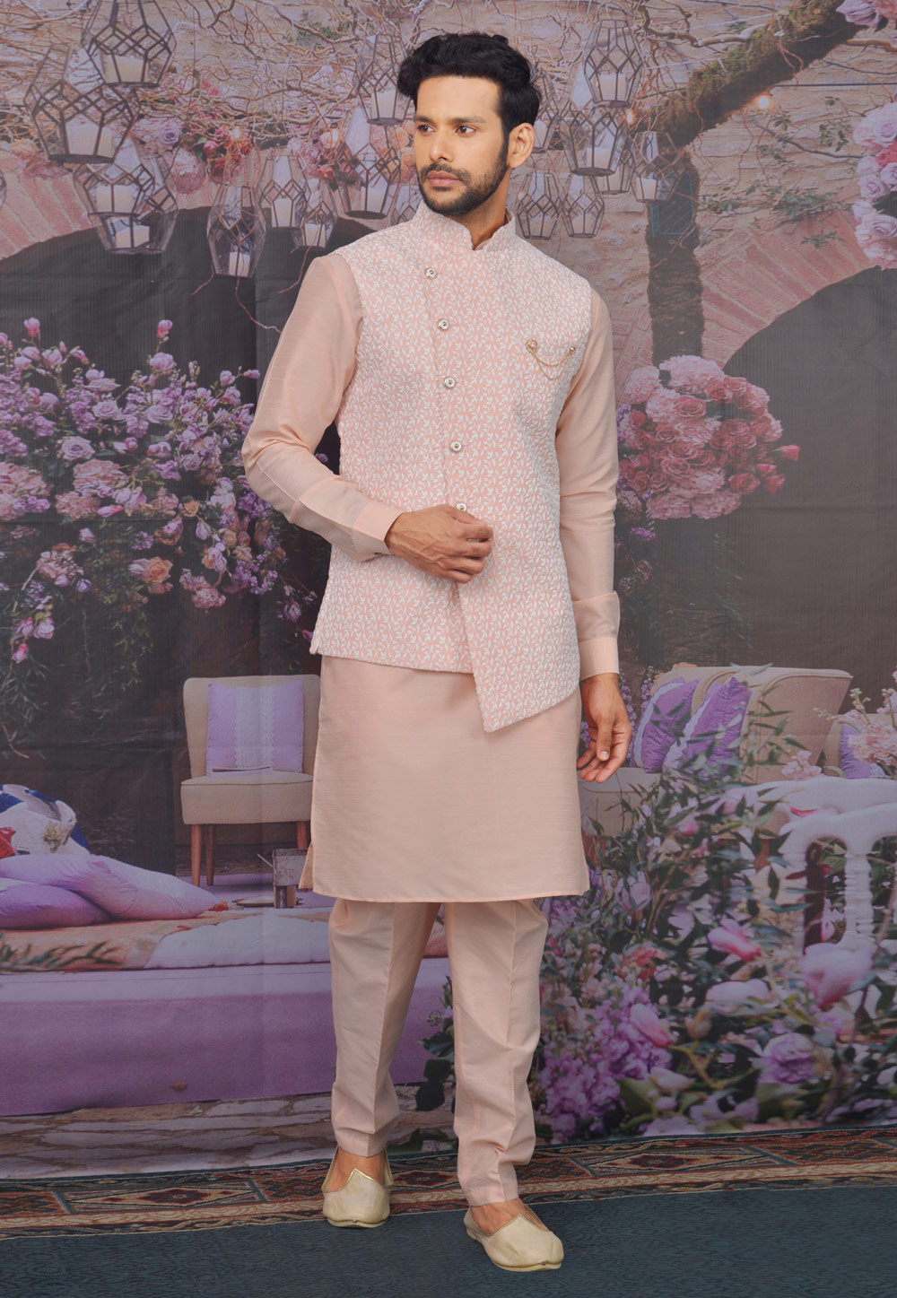 Pink Banarasi Silk Readymade Kurta Pajama With Jacket 212626
