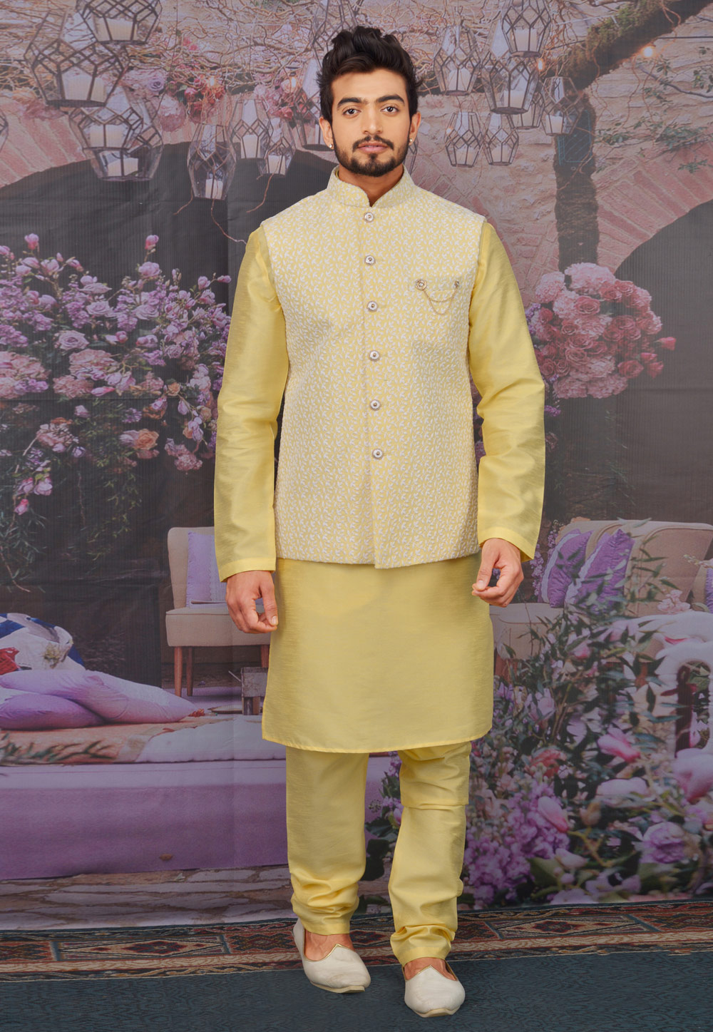Yellow Banarasi Silk Readymade Kurta Pajama With Jacket 212627