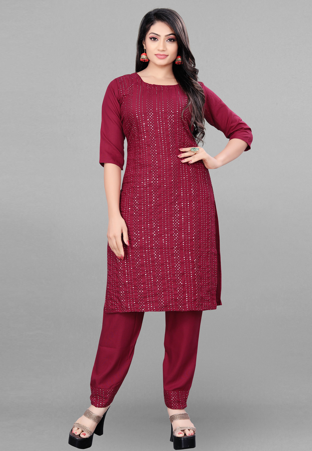 Maroon Rayon Kurta Set With Pent 268705