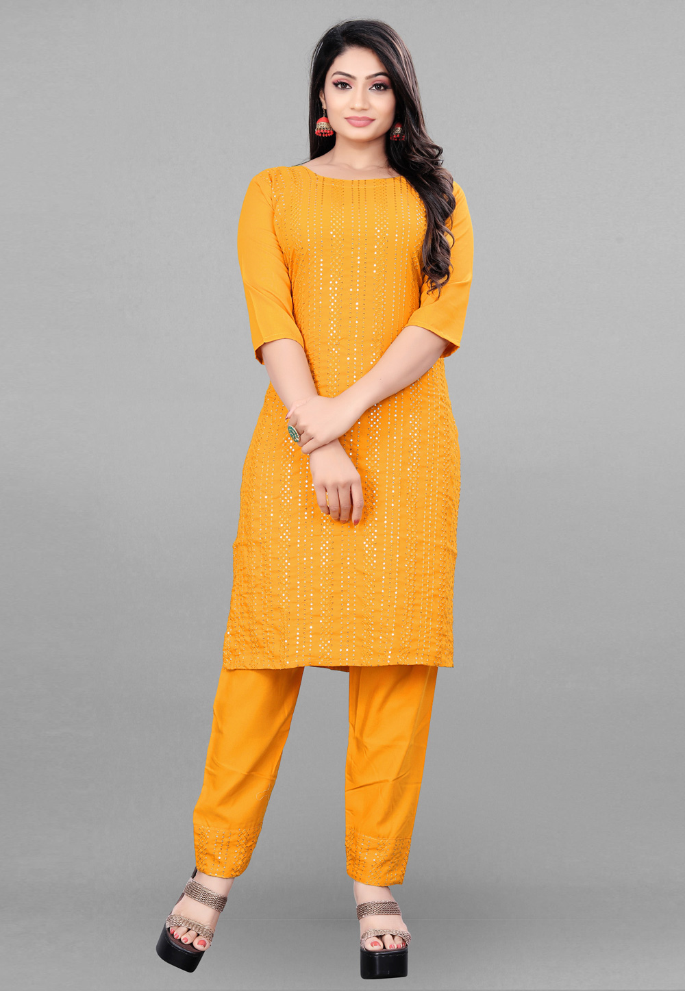 Yellow Rayon Kurta Set With Pent 268707