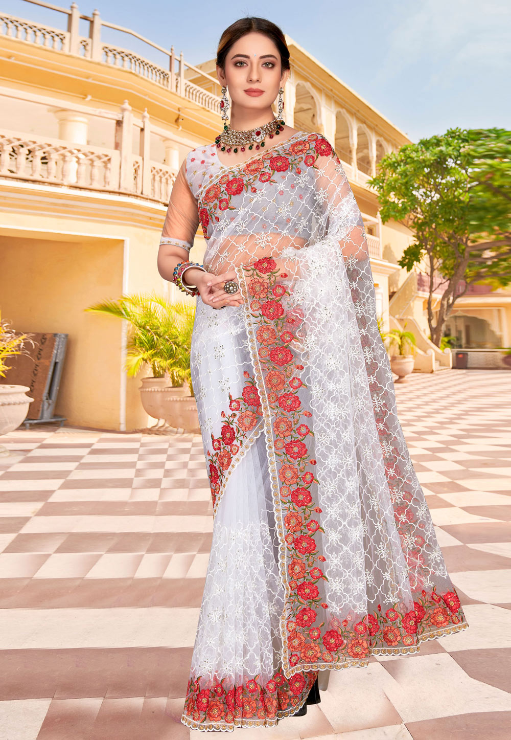 White Net Saree With Blouse 257681
