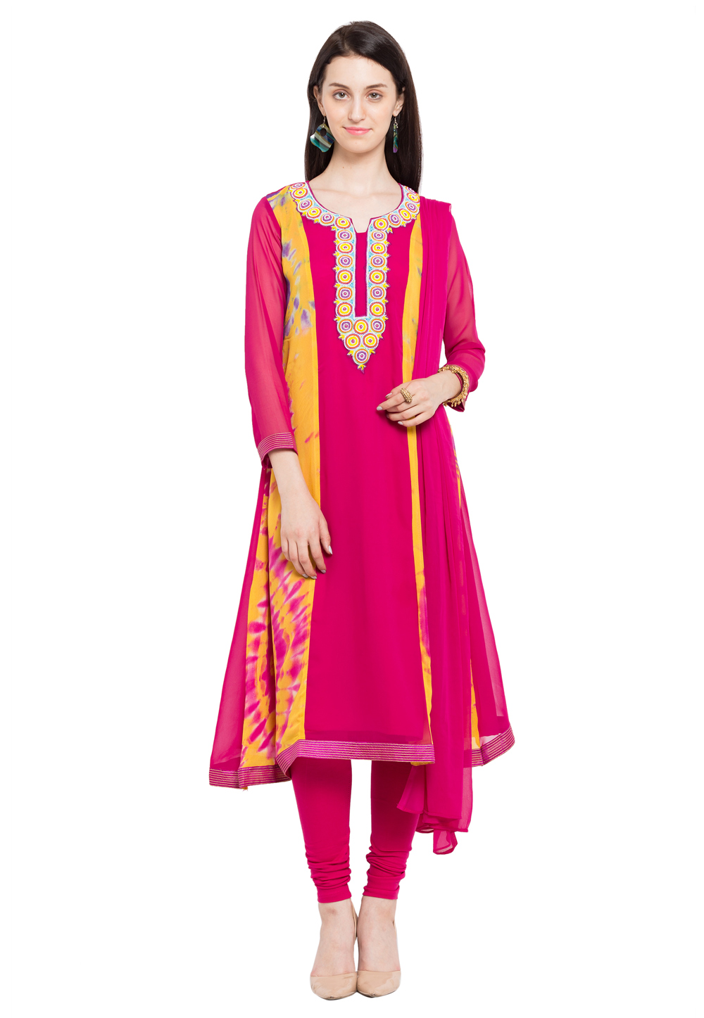 Pink Faux Georgette Readymade Churidar Suit 230412