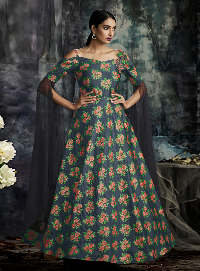 Navy Blue Jacquard Readymade Long Gown 144880