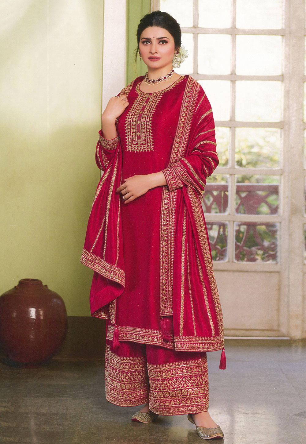 Prachi Desai Maroon Silk Georgette Embroidered Palazzo Suit 248458