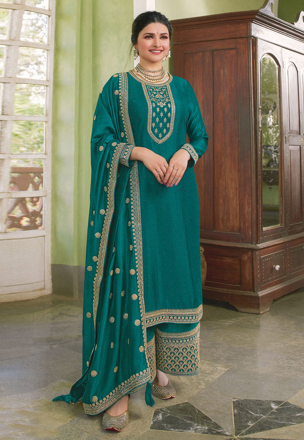 Prachi Desai Teal Silk Georgette Embroidered Pakistani Suit 248459