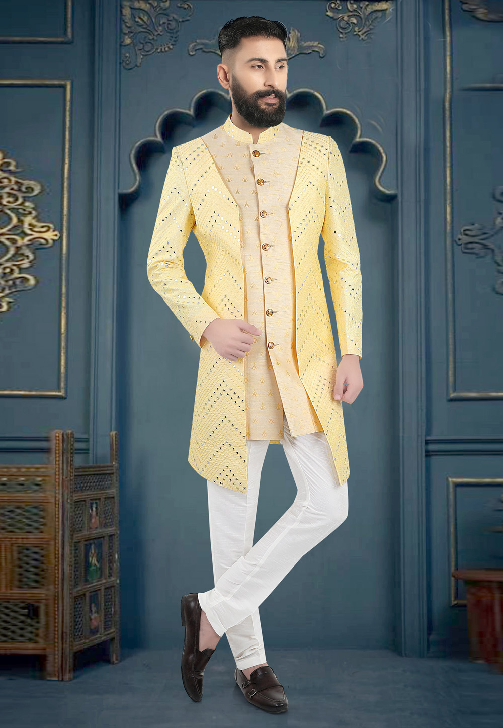 Beige Silk Indo Western Sherwani 269048