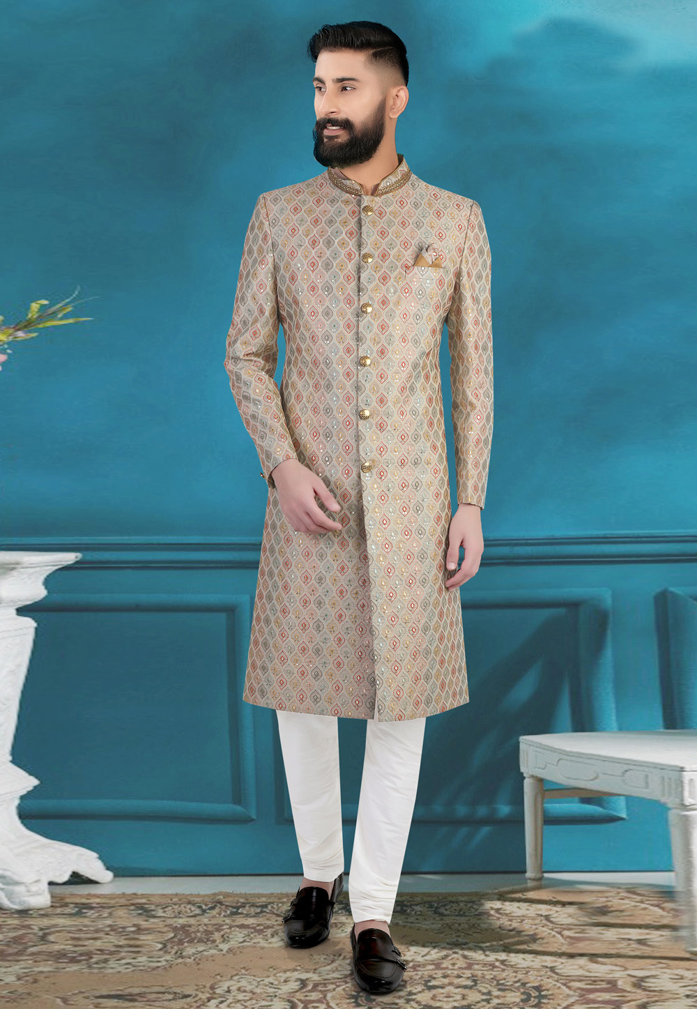 Beige Brocade Achkan Style Sherwani 269049