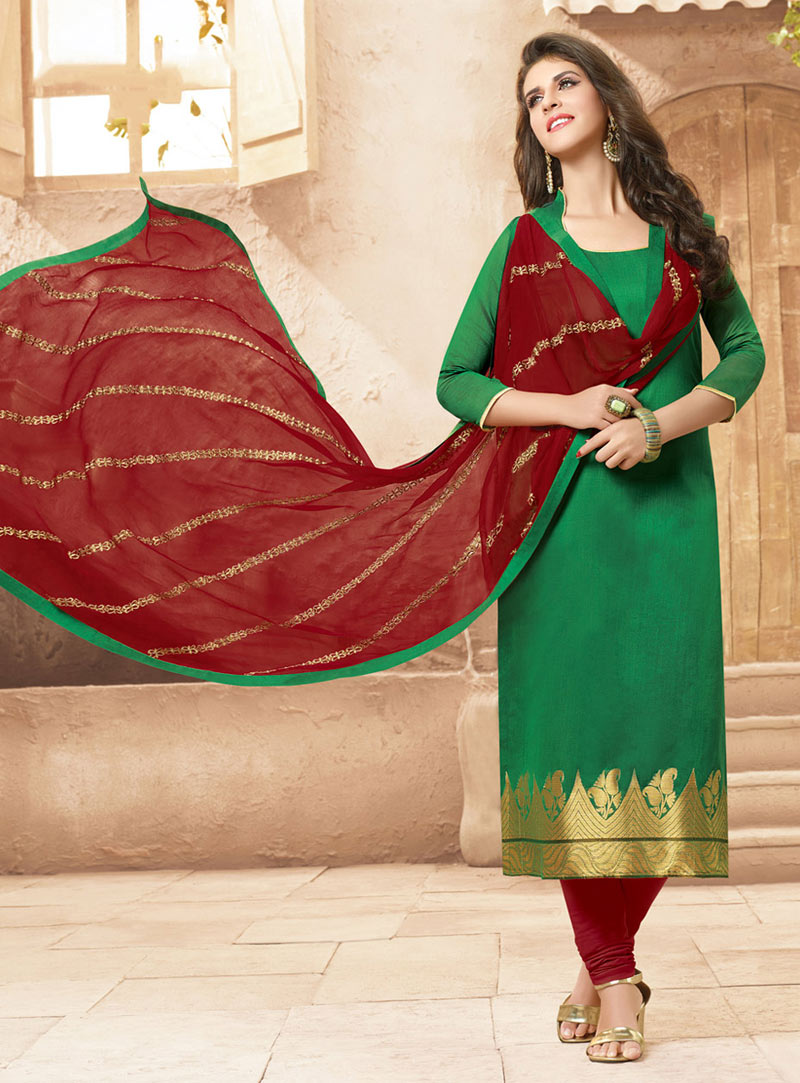 Green Banarasi Chanderi Jacquard Churidar Suit 73966