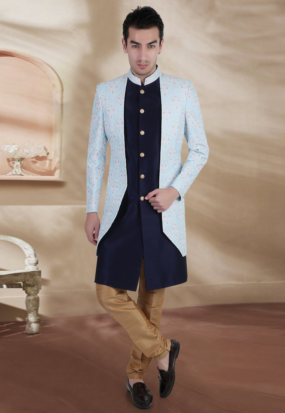 Navy Blue Brocade Jacket Style Sherwani 269051