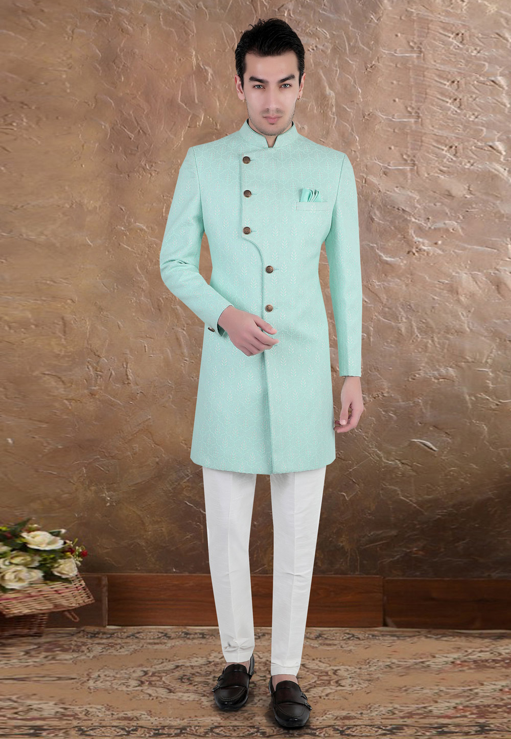 Sky Blue Brocade Indo Western Sherwani 269054