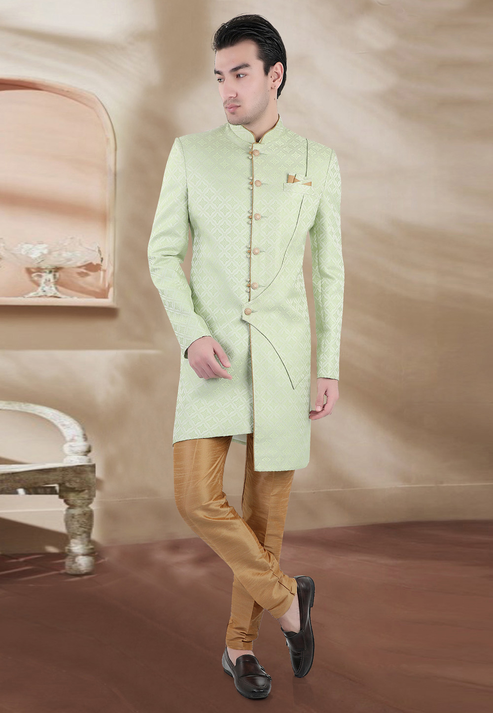 Pista Green Brocade Indo Western Sherwani 269055