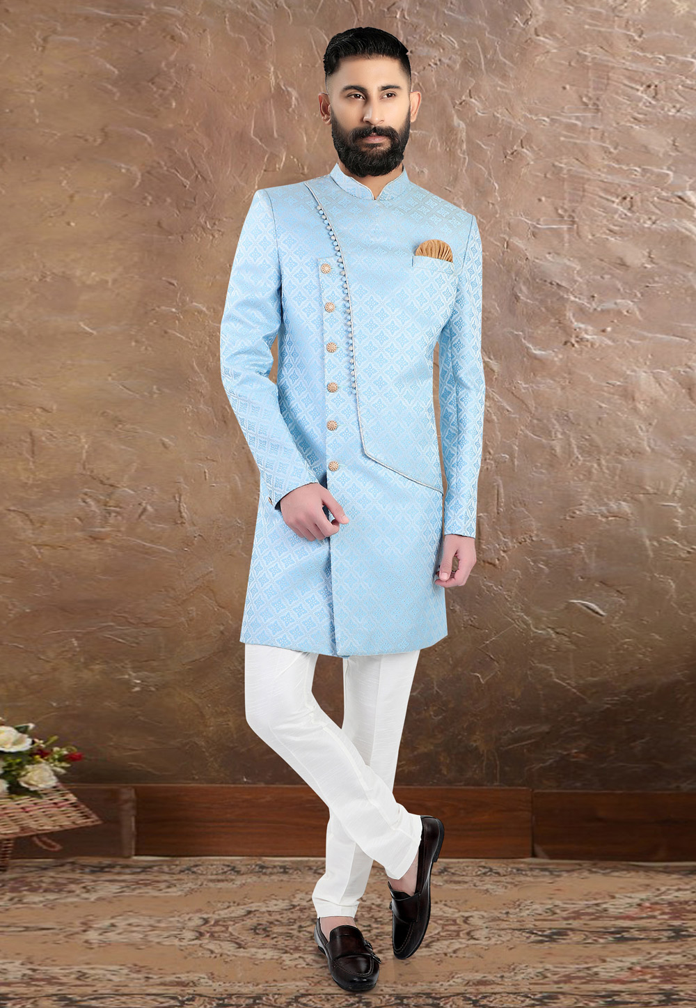 Sky Blue Brocade Indo Western Sherwani 269056