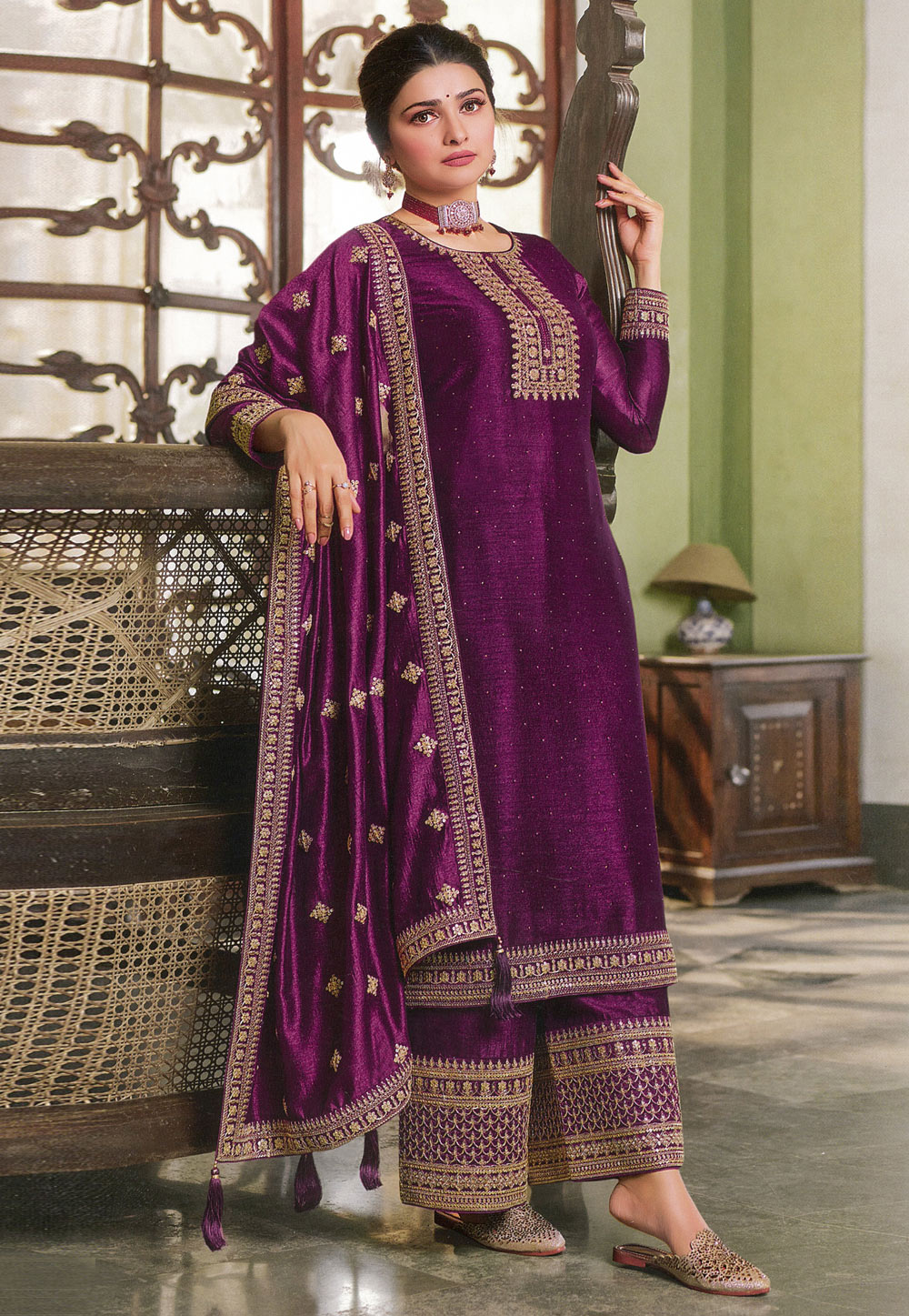 Prachi Desai Purple Silk Georgette Embroidered Pakistani Suit 248461