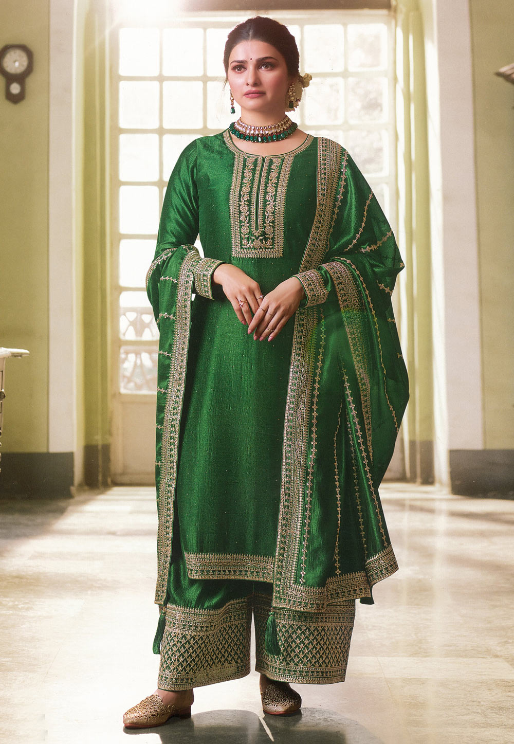 Prachi Desai Green Silk Georgette Embroidered Palazzo Suit 248462