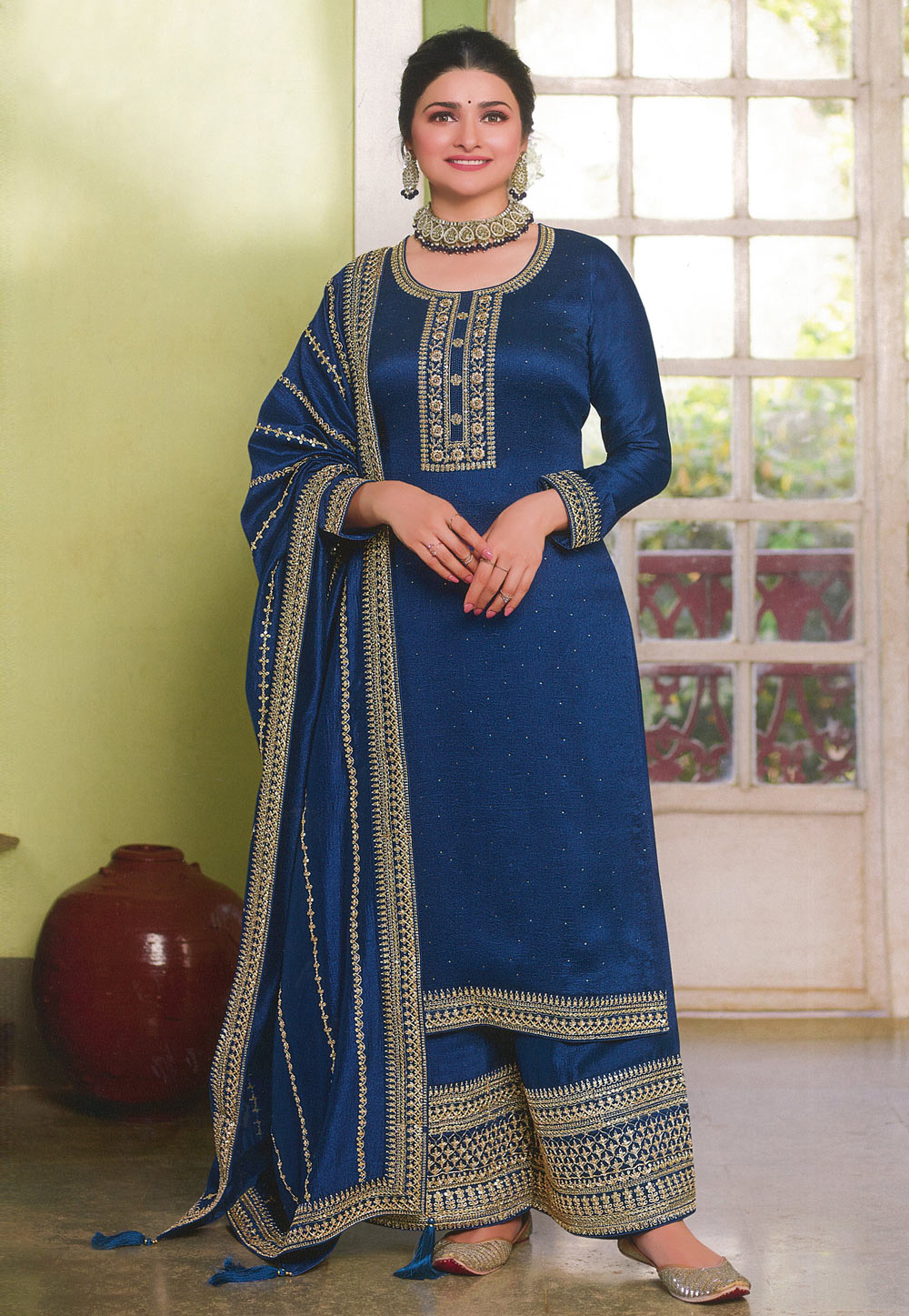 Prachi Desai Blue Silk Georgette Embroidered Pakistani Suit 248465