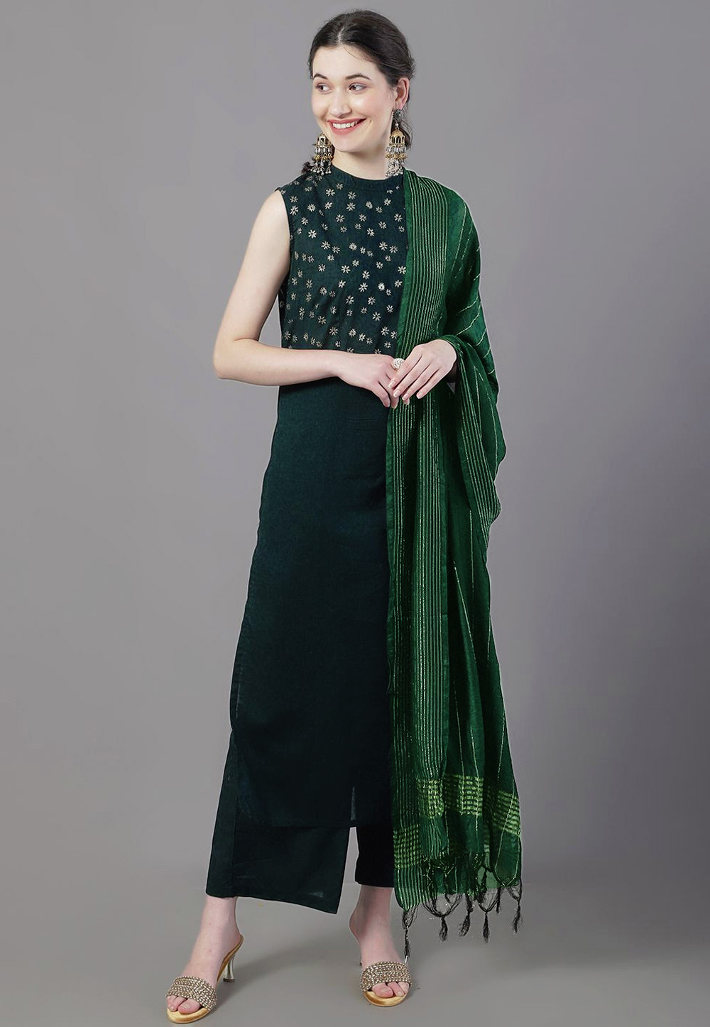 Green Cotton Readymade Palazzo Suit 269072