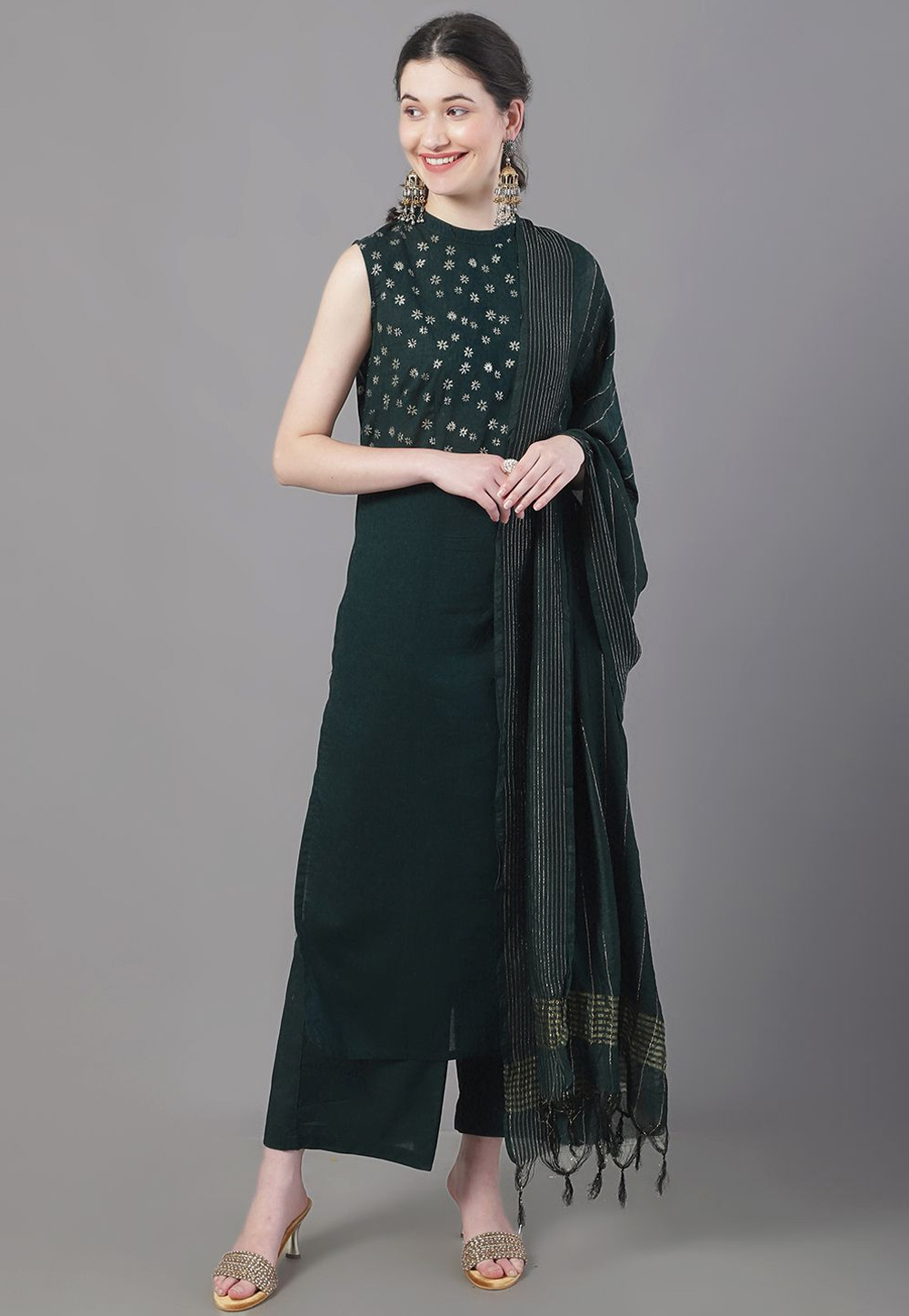 Green Cotton Readymade Palazzo Suit 269072