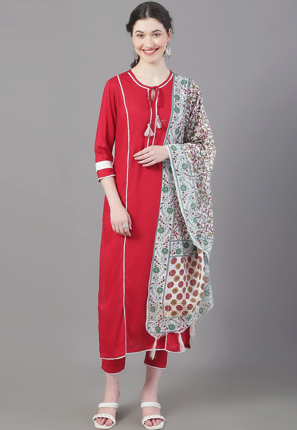 Red Rayon Readymade Pant Style Suit 269073