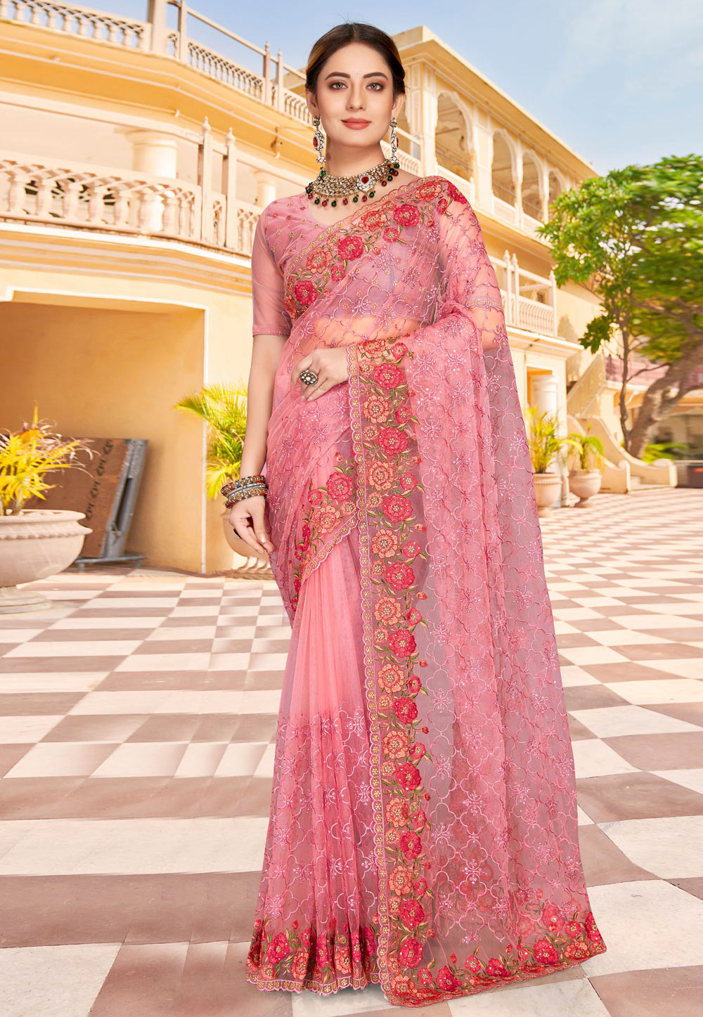 Pink Net Saree With Blouse 257684