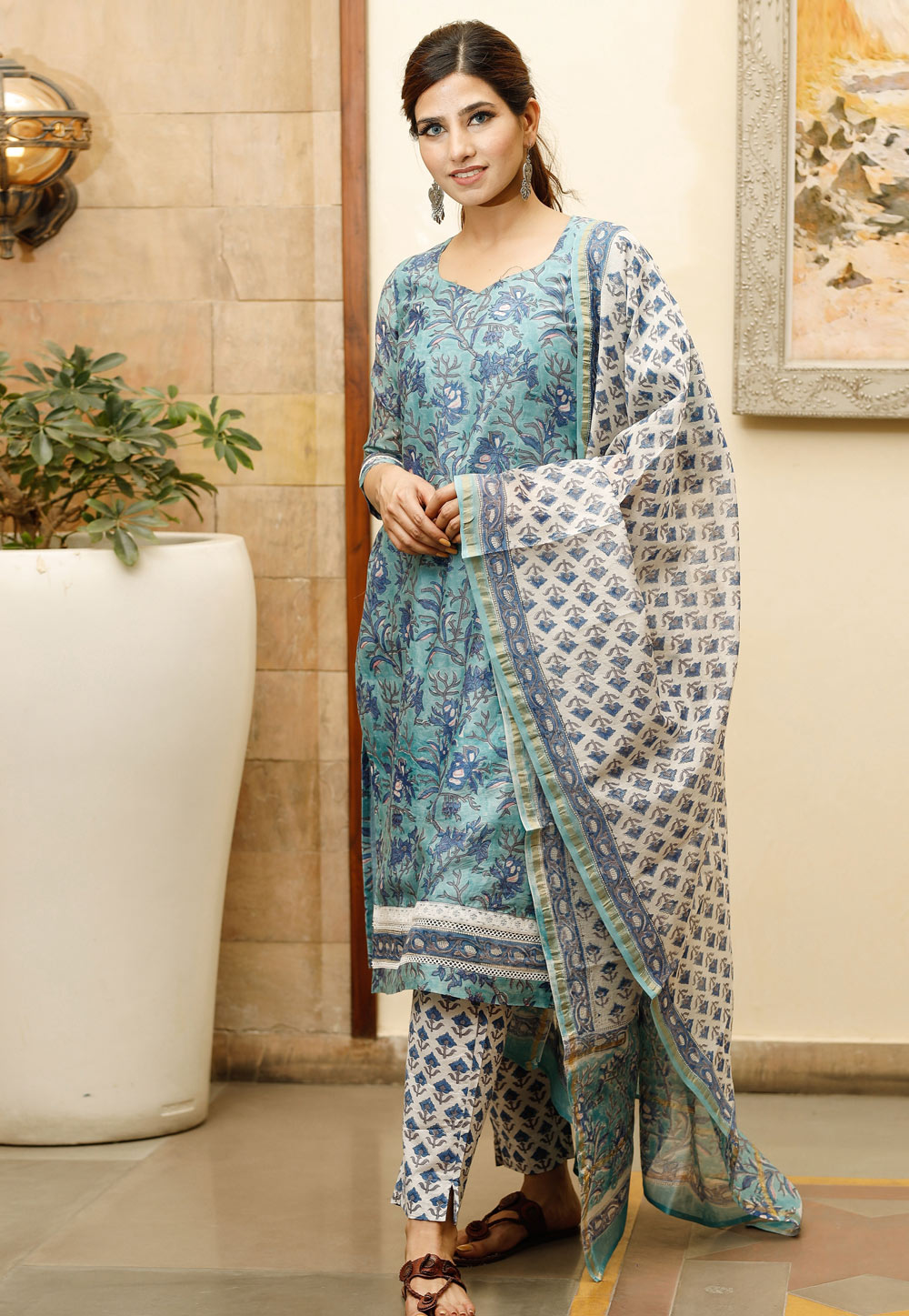 Sky Blue Chanderi Readymade Pant Style Suit 223304