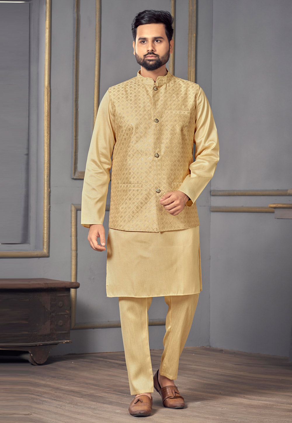 Beige Banglori Silk Kurta Pajama With Jacket 269138