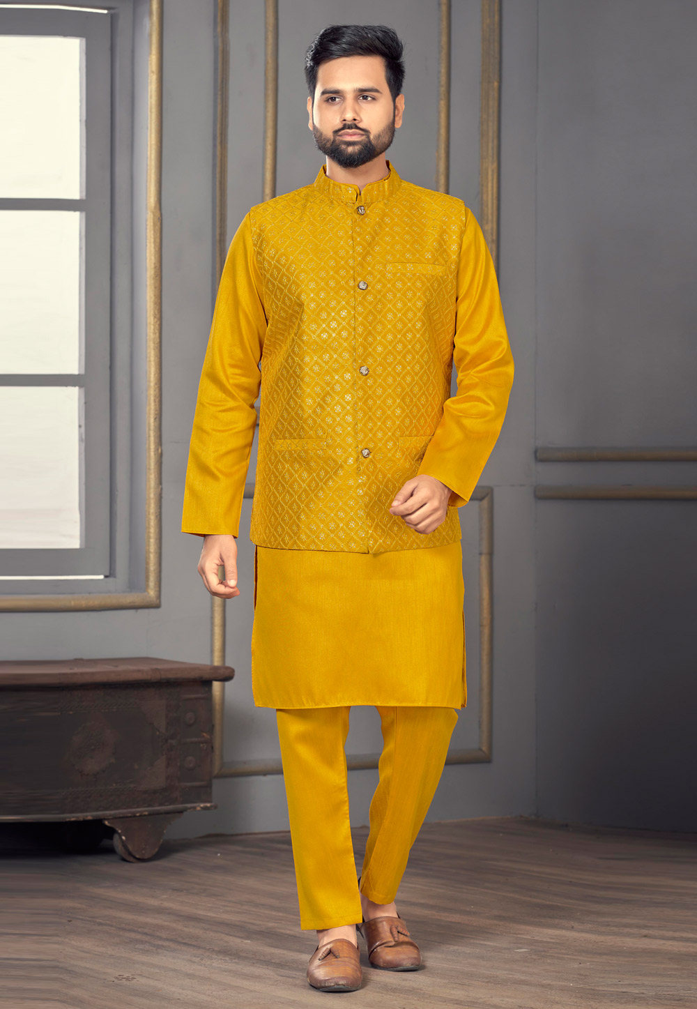 Mustard Banglori Silk Kurta Pajama With Jacket 269140