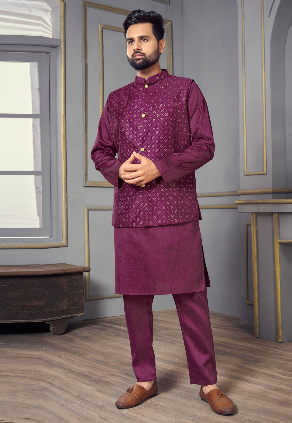 Purple Banglori Silk Kurta Pajama With Jacket 269142