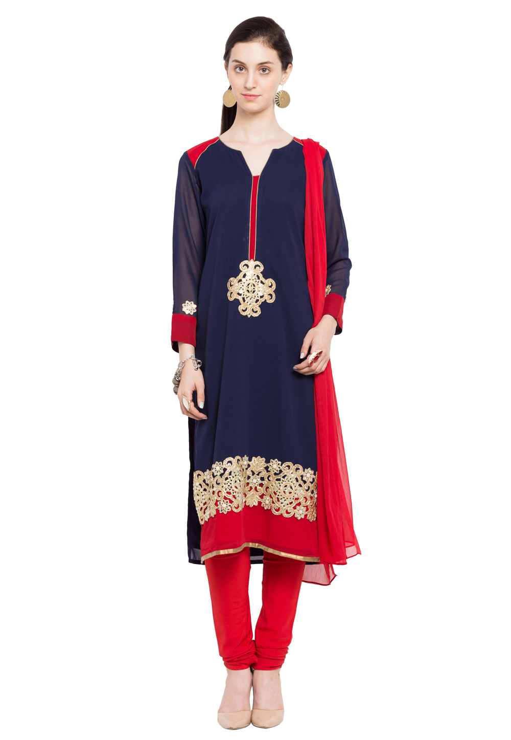 Navy Blue Faux Georgette Readymade Churidar Suit 230415