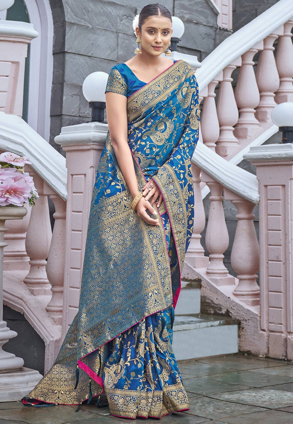 Blue Banarasi Silk Saree With Blouse 249545