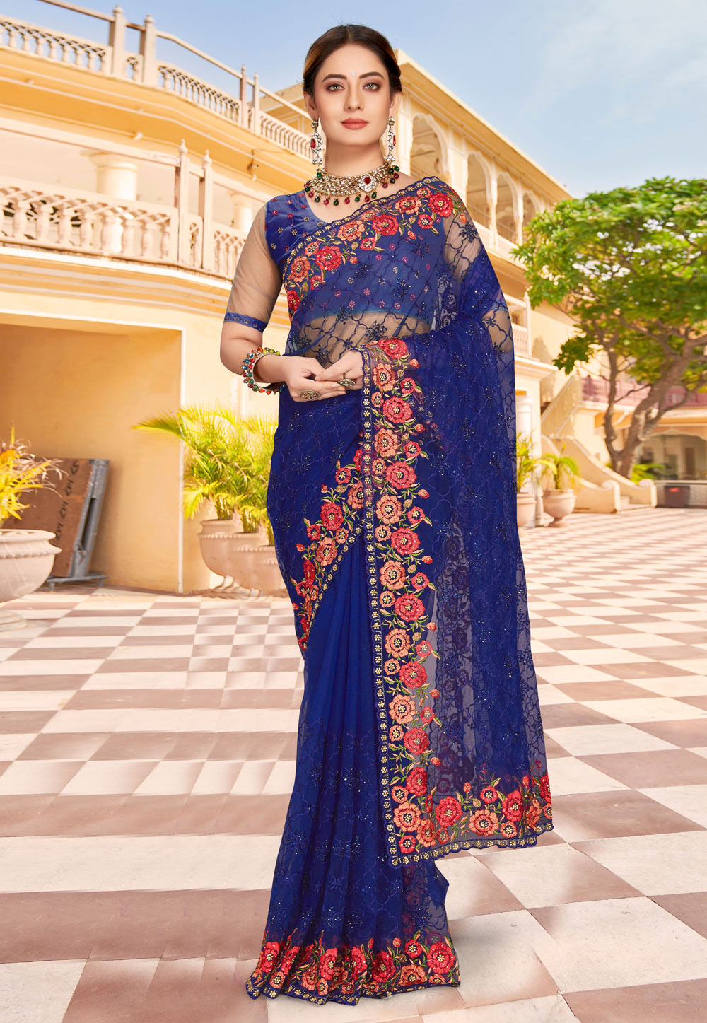 Blue Net Saree With Blouse 257685