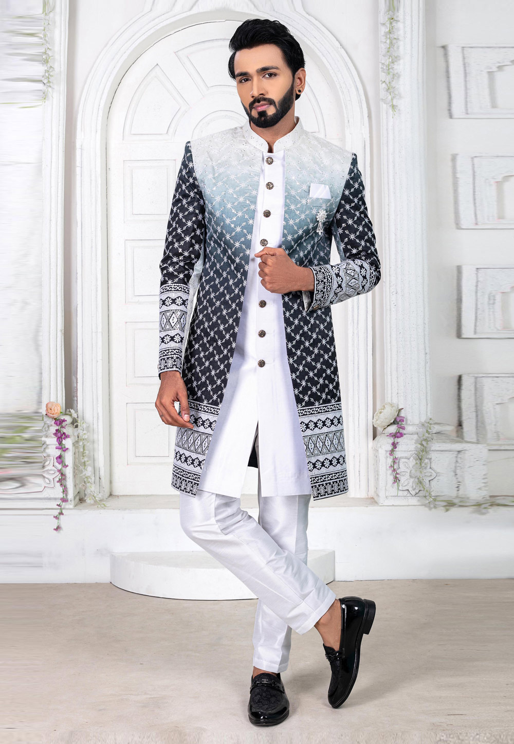White Art Silk Jacket Style Sherwani 269588