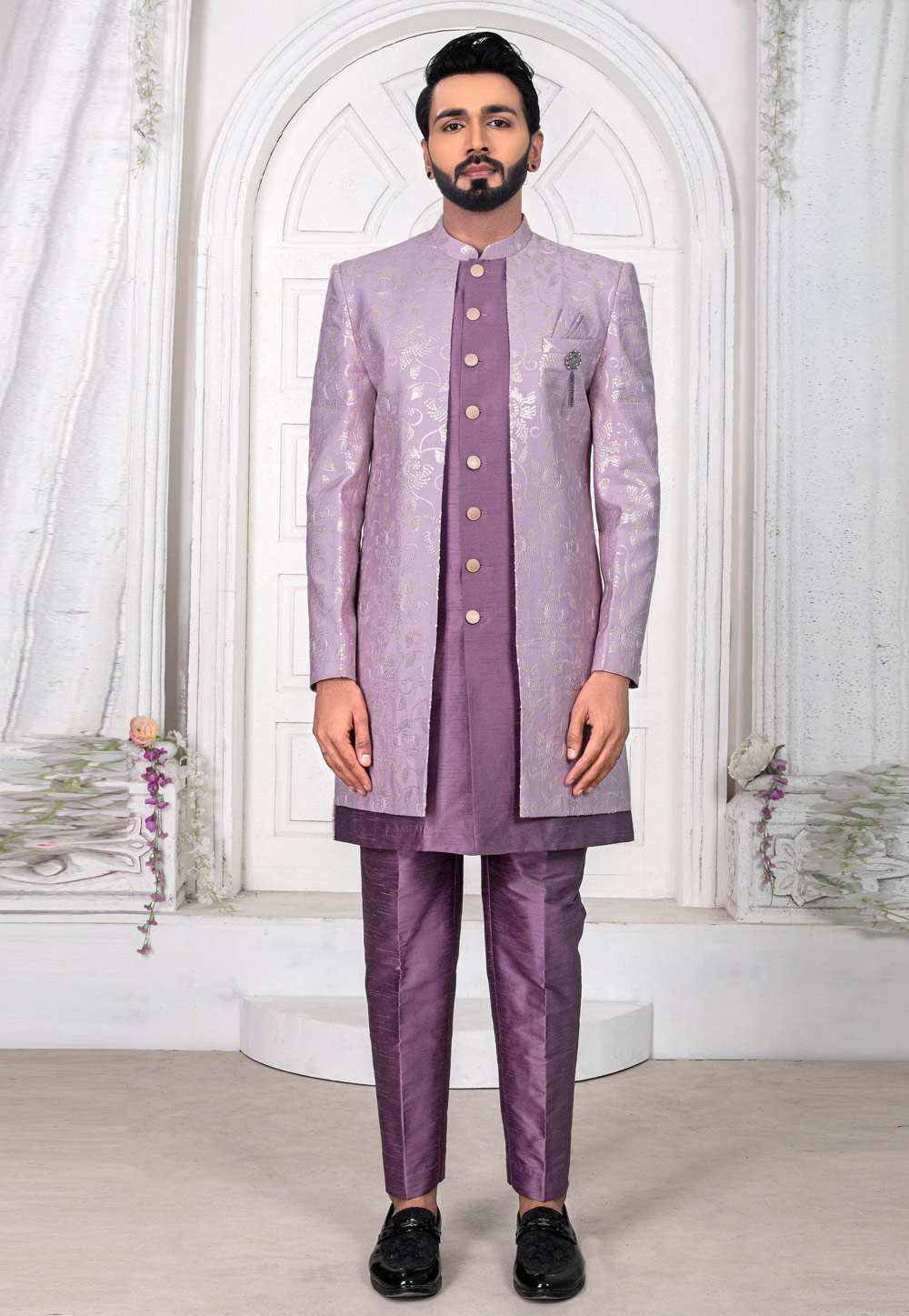 Light Purple Art Silk Jacket Style Sherwani 269589
