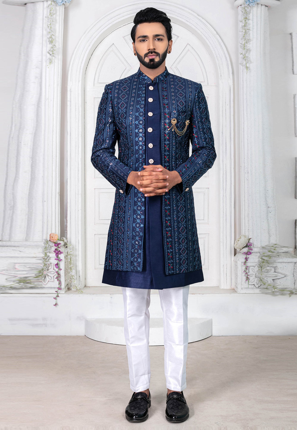Navy Blue Cotton Jacket Style Sherwani 269590