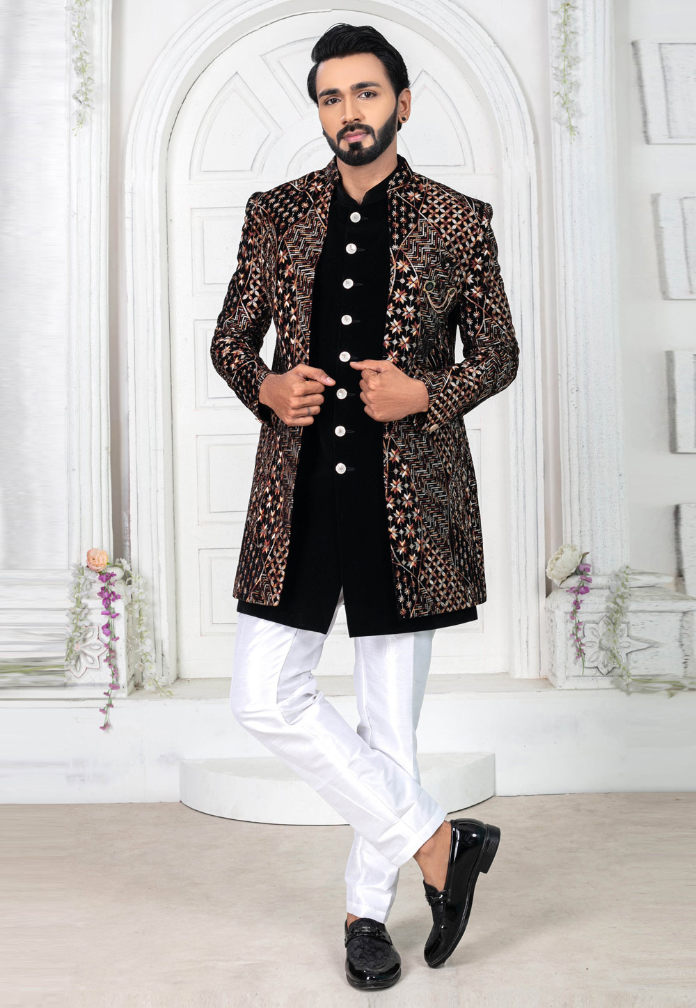 Black Velvet Jacket Style Sherwani 269591