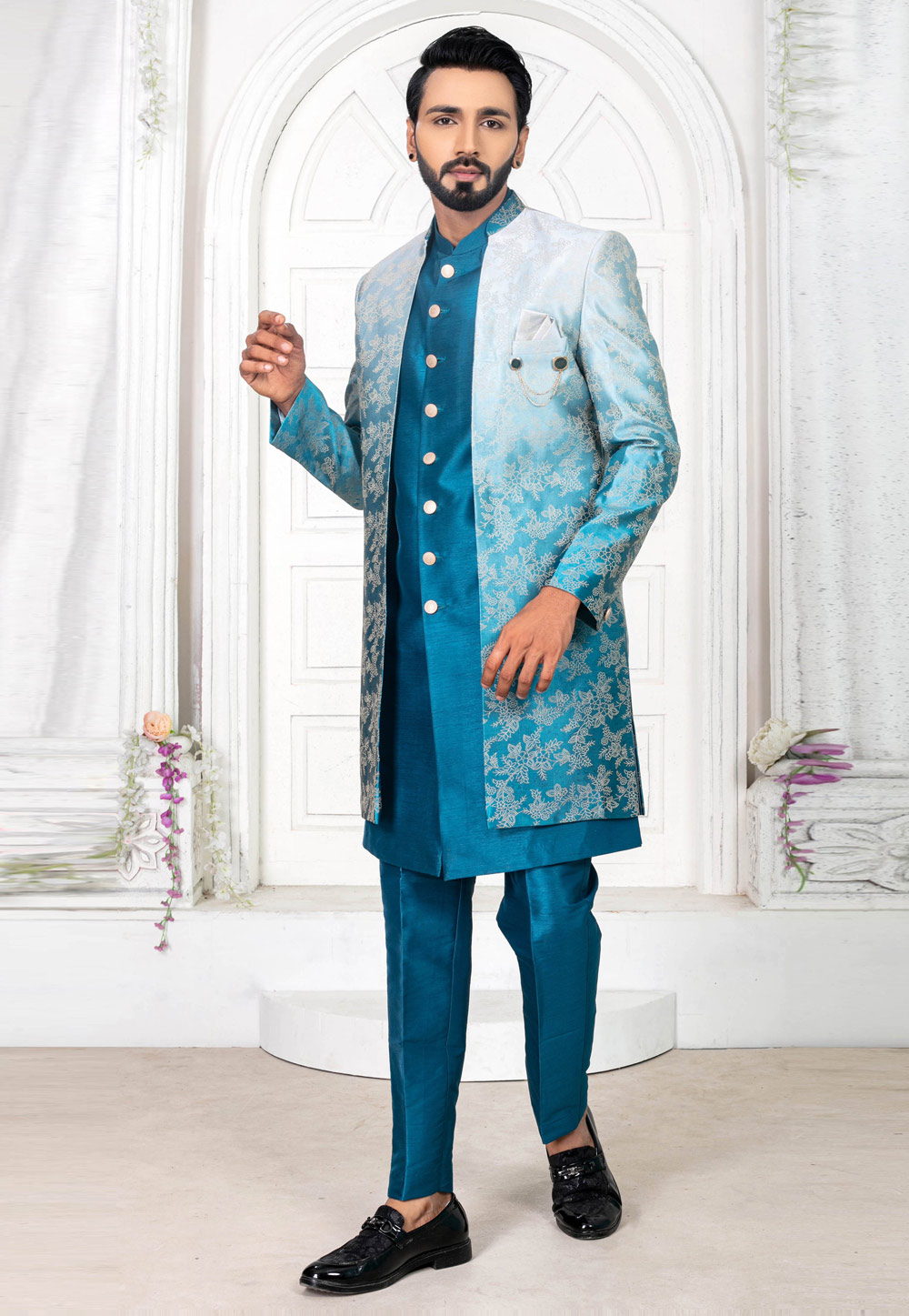 Teal Jacquard Jacket Style Sherwani 269592
