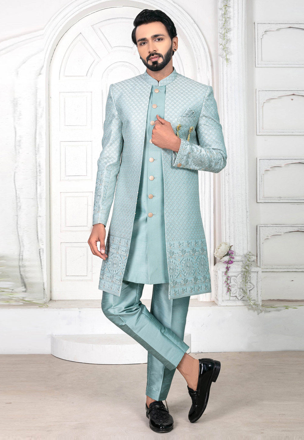 Sky Blue Silk Jacket Style Sherwani 269594