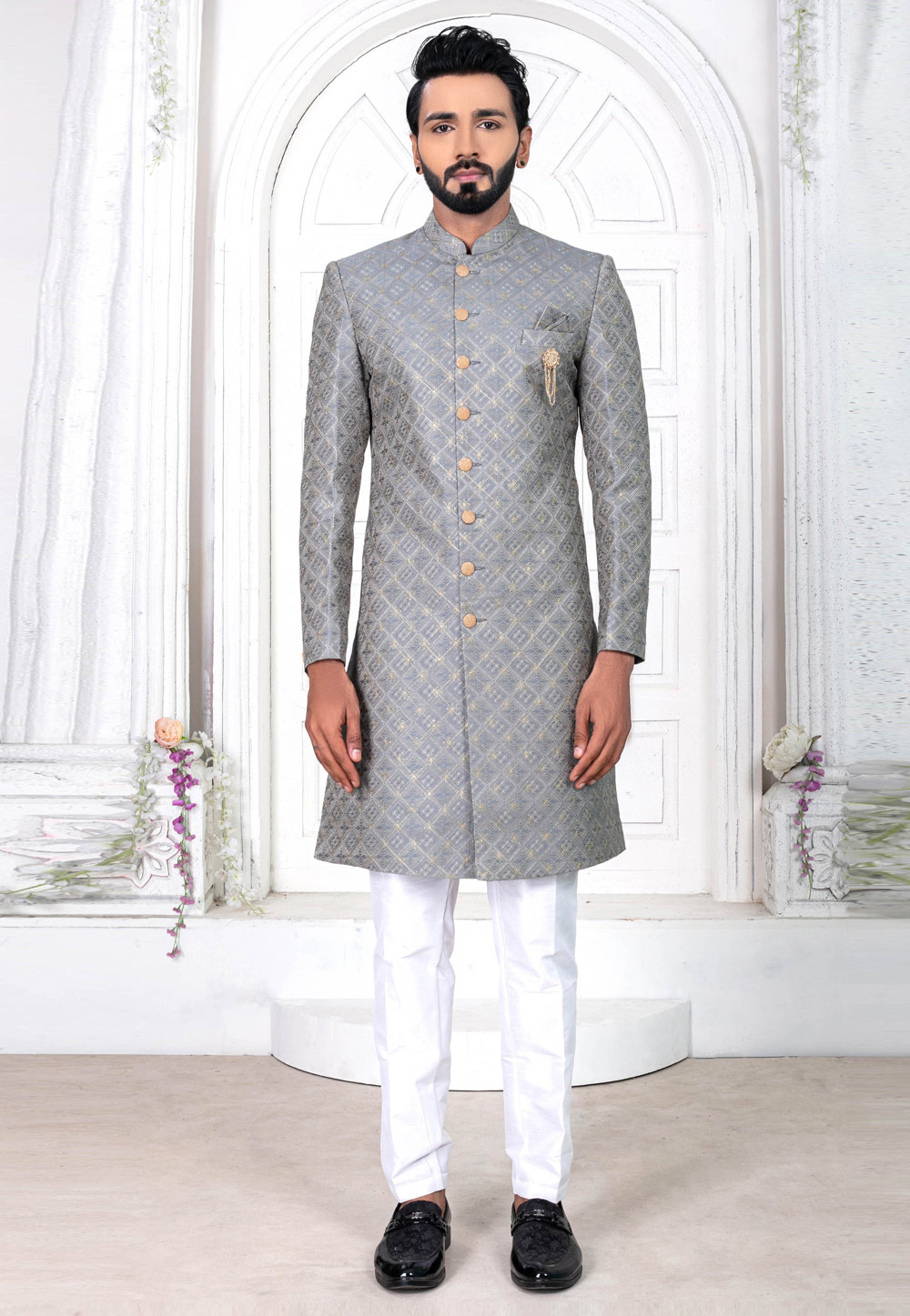 Grey Jacquard Achkan Style Sherwani 269595
