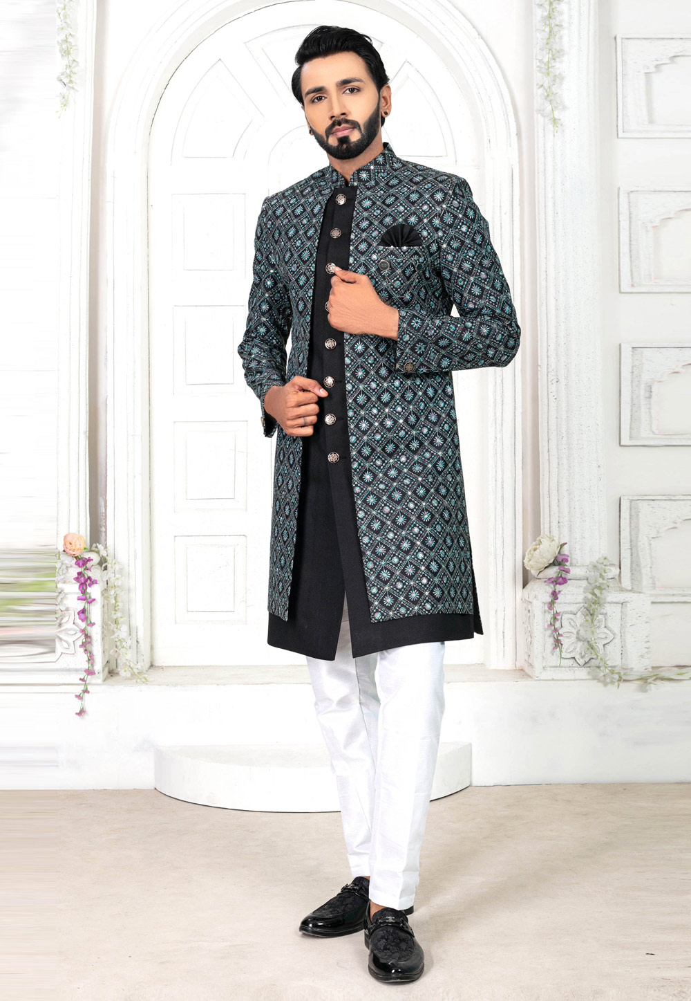 Black Art Silk Jacket Style Sherwani 269596