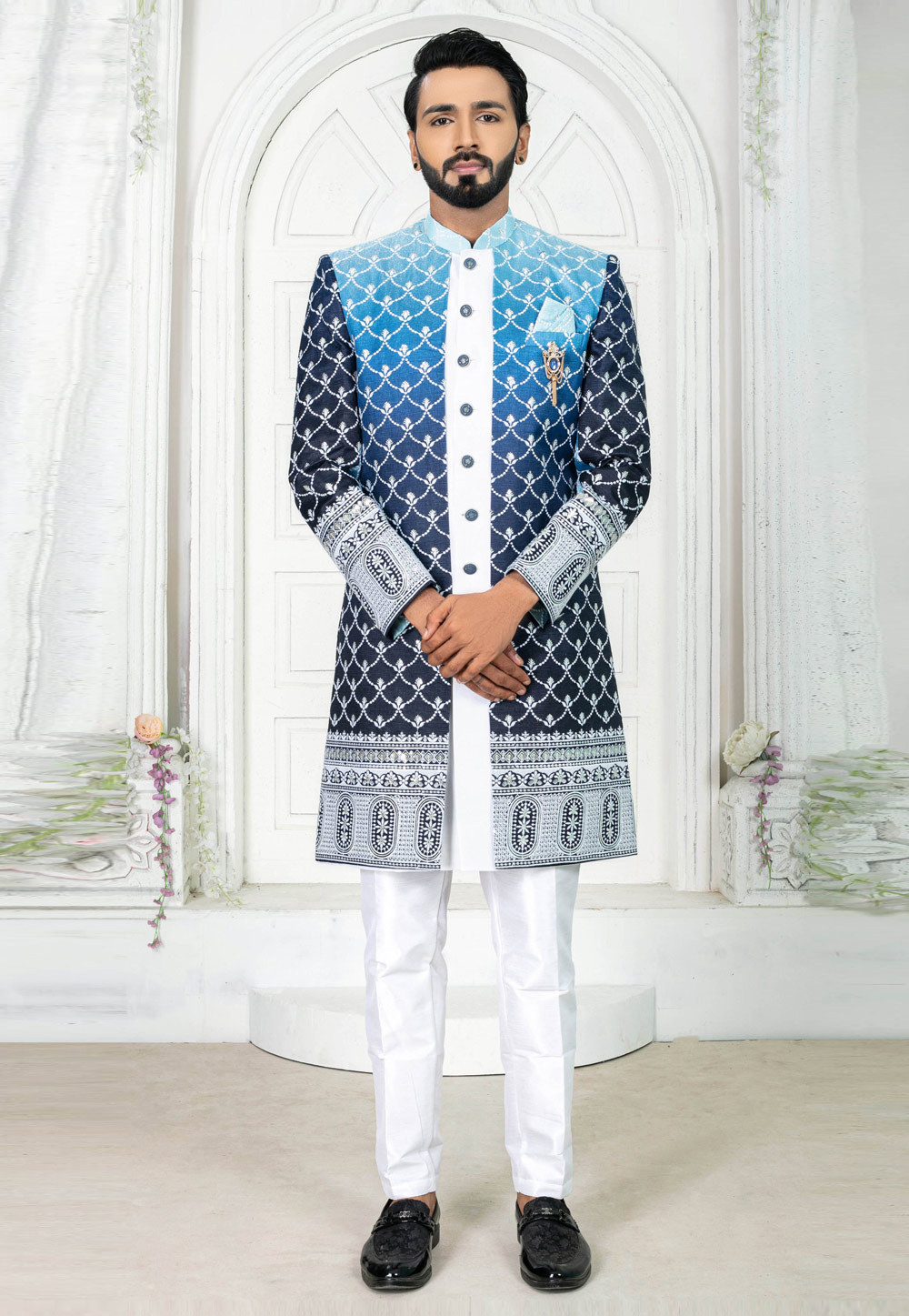 White Art Silk Jacket Style Sherwani 269598