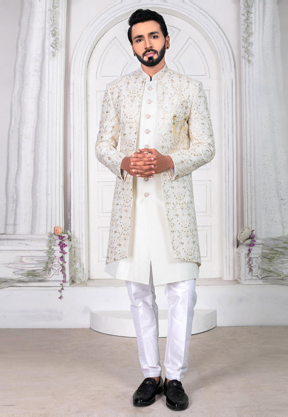 Off White Silk Jacket Style Sherwani 269599
