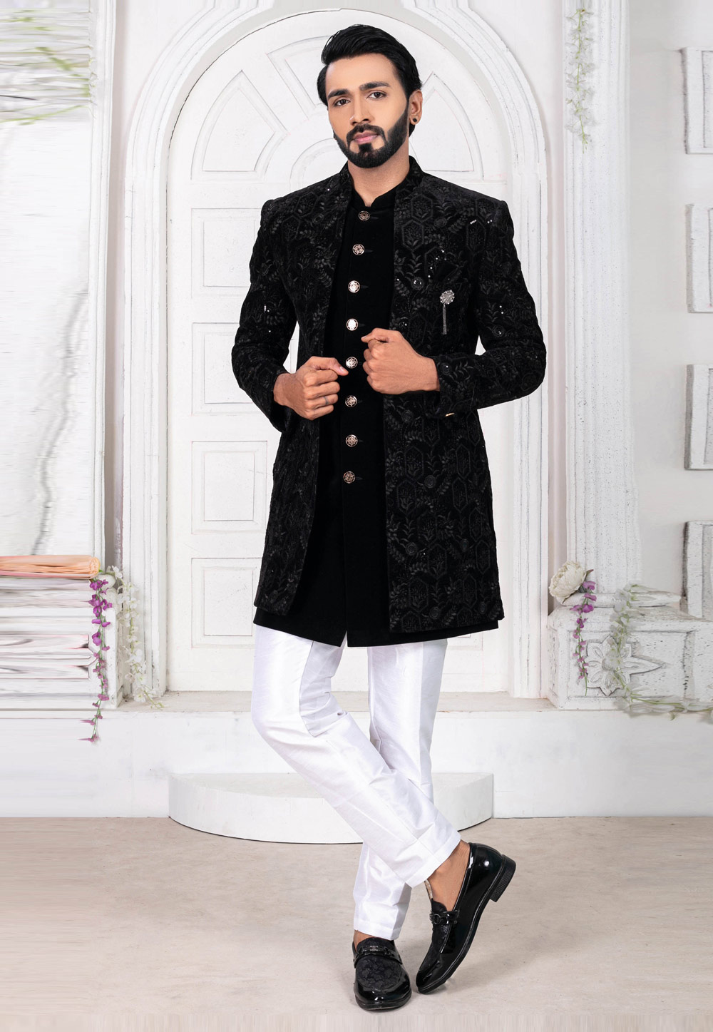 Black Art Silk Jacket Style Sherwani 269601
