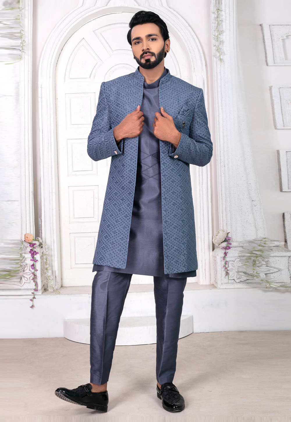 Grey Art Silk Jacket Style Sherwani 269604