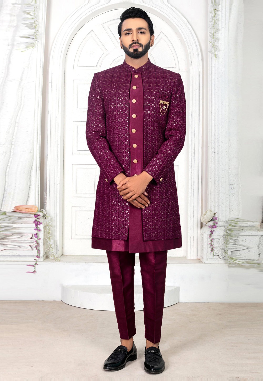 Purple Art Silk Jacket Style Sherwani 269607
