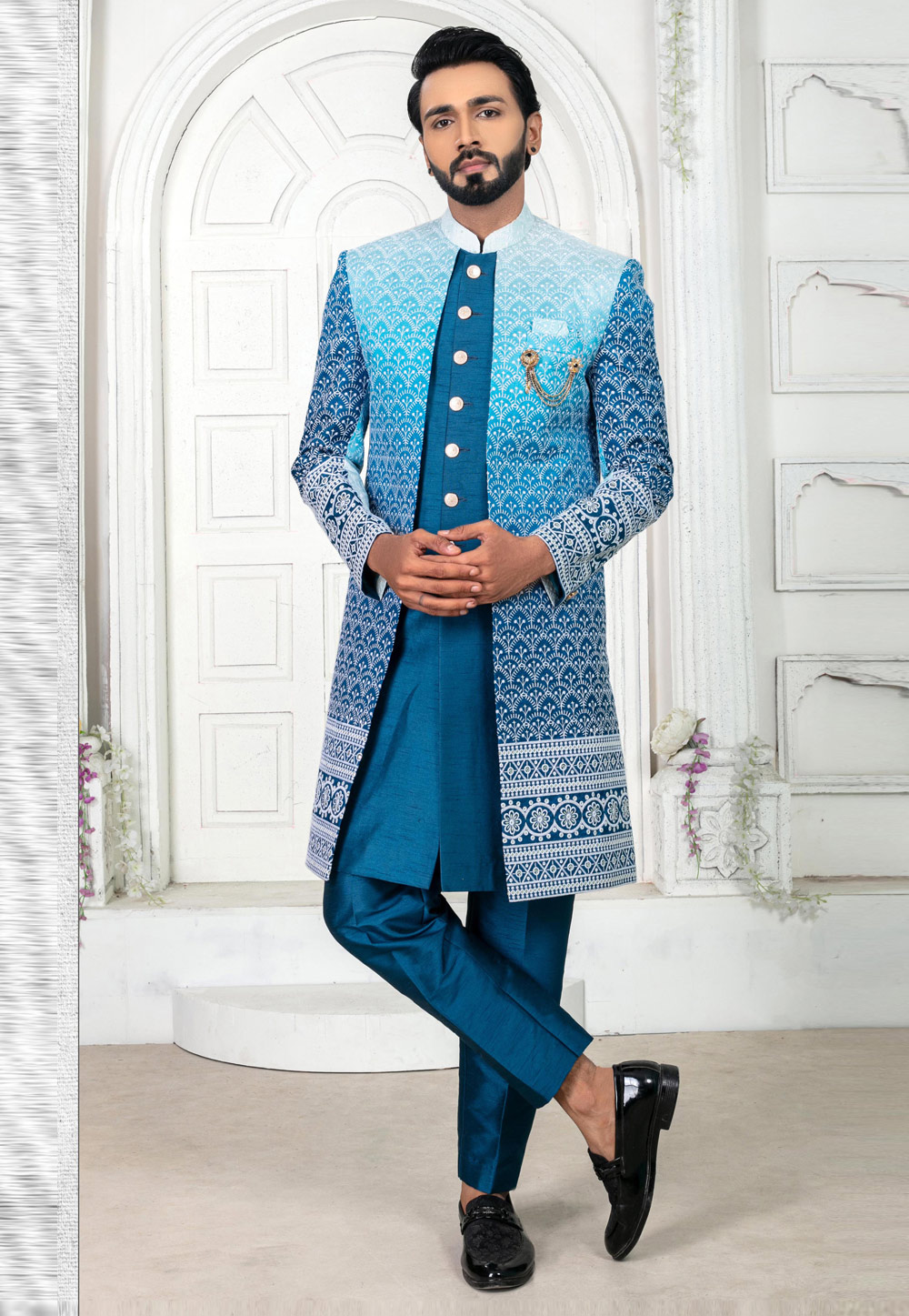 Teal Silk Jacket Style Sherwani 269608
